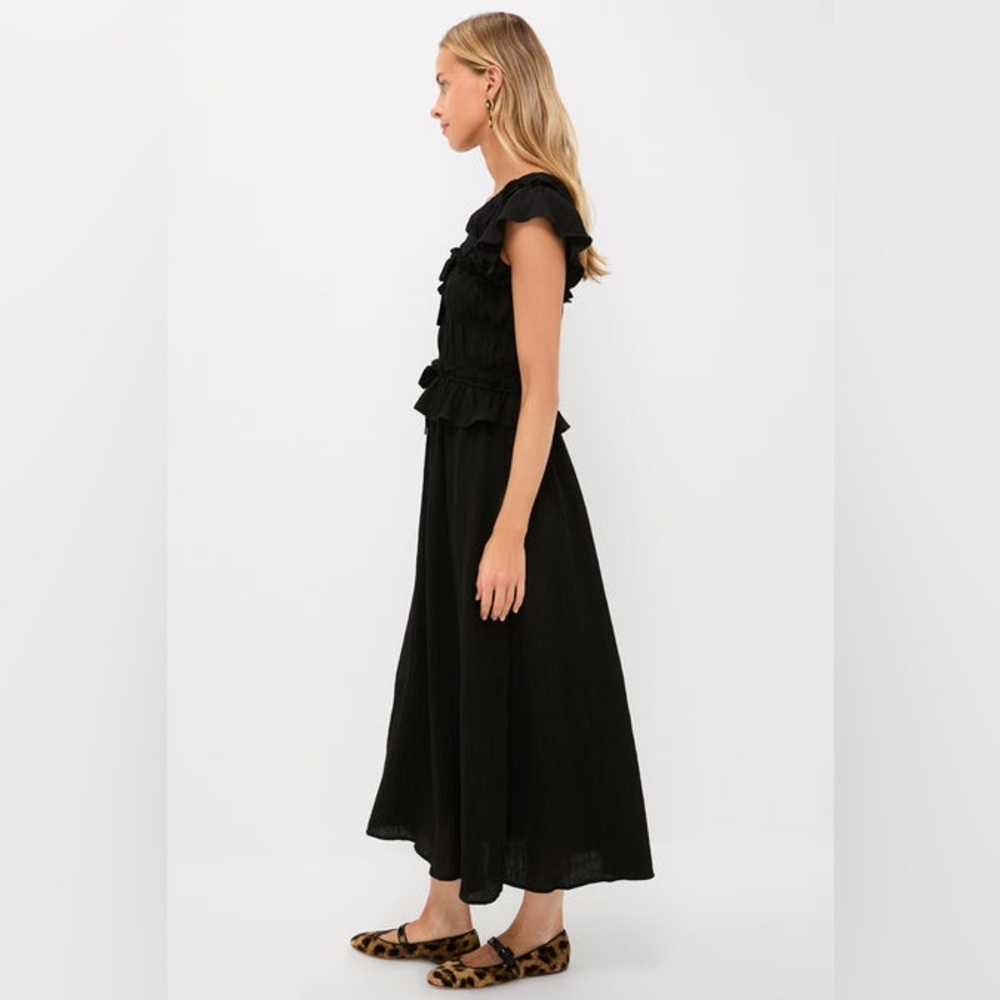 Tuckernuck Moon River Black Flutter Sleeve Smocked Bodice Midi Dress Ruffle Trim - Picture 3 of 11
